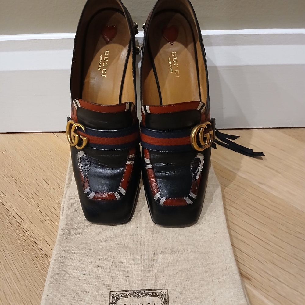 REAL Gucci Black Leather Loafers. Red & Cream  Snake Trim. Gold Double G - Picture 2 of 4